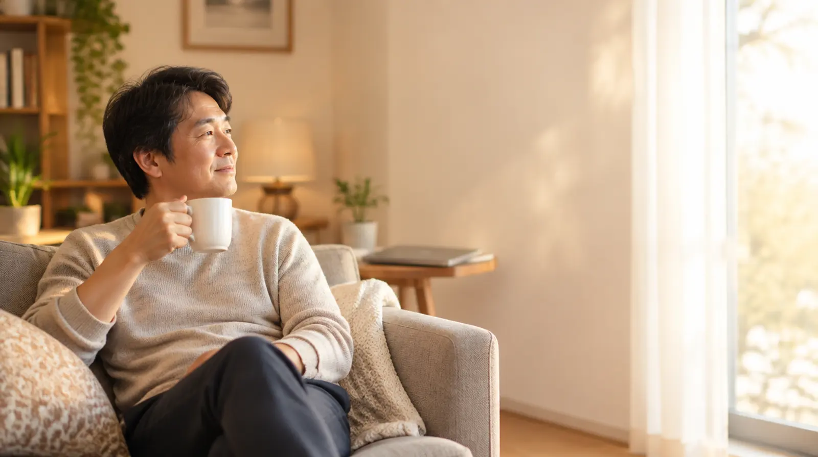 朝、自宅でコーヒーを飲みながらくつろぐ経営者