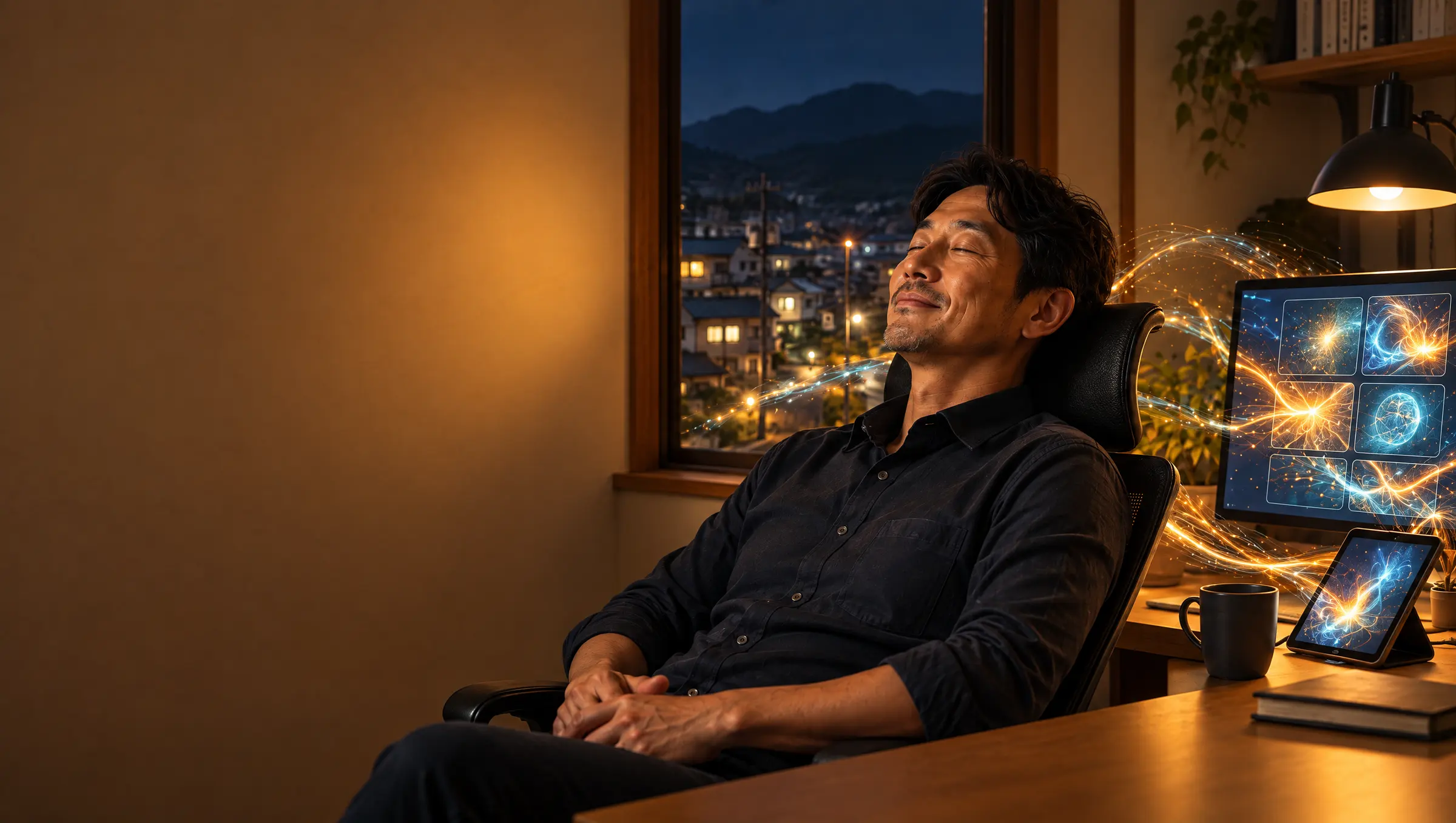 夜、椅子にもたれて安らぐ経営者と、机上で静かに稼働するAI
